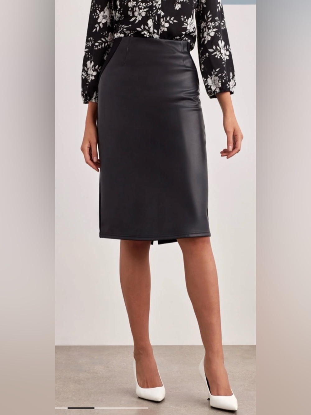 Ellen Tracy vegan leather black modern professional edgy chic Ponte skirt XS - Picture 2 of 8